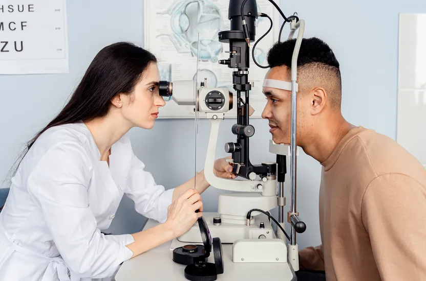 An optometrist taking a young man's eye examination at a slit lamp in a bright consulting room