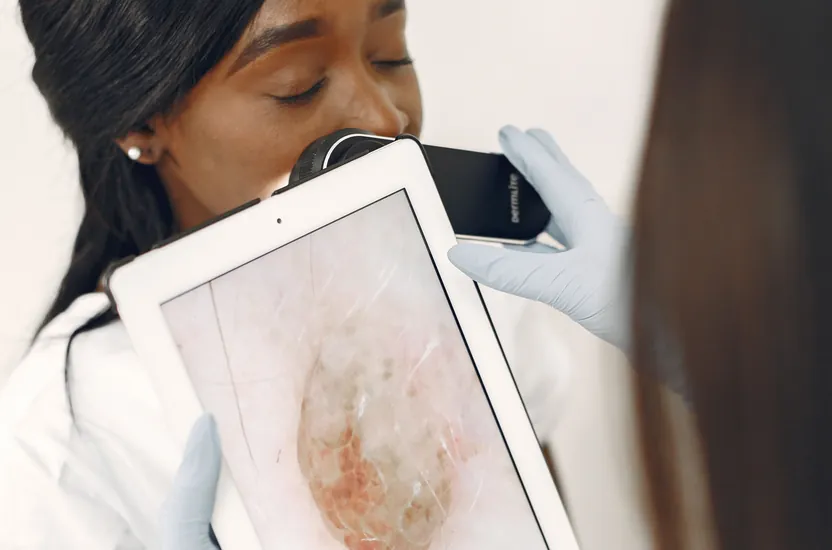 A dermatologist checking a mole on a patient's back with a tablet and a dermatoscope